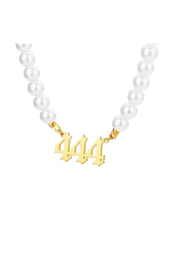 Stainless Steel Simple Angel Number Pendant Necklace Pearls Collarbone Chain for Women Gold 444