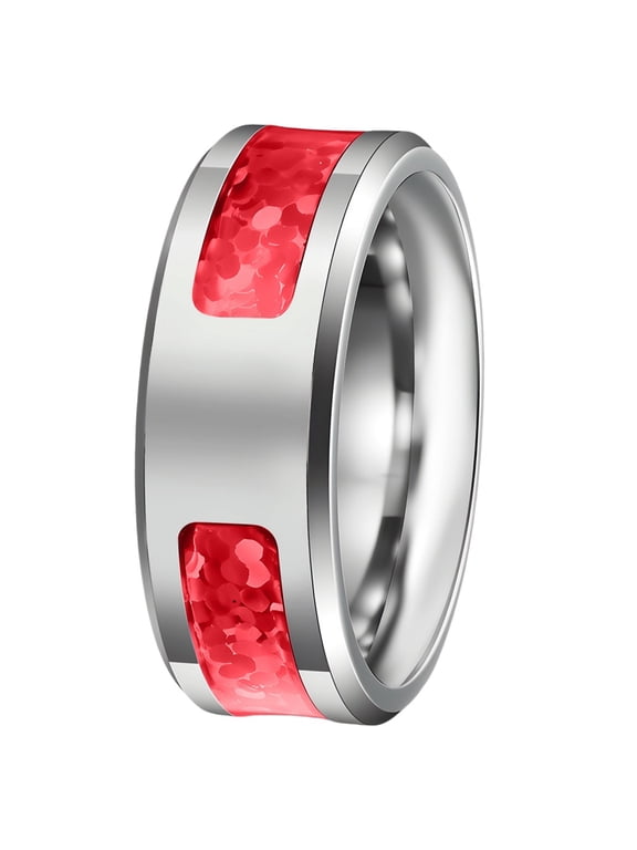 Stainless Steel Sparkly Inlay Poshied Rings for Men Women Statement Comfort Fit Daily Wear Wedding Band Jewelry Silver Red Size 13