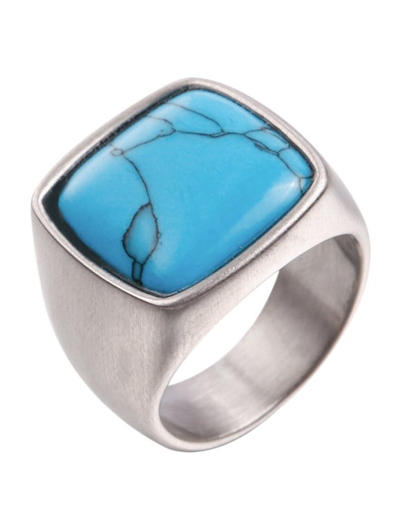 Stainless Steel Square Gemstone Brushed Finish Rings for Men Statement Comfort Fit Jewelry Silver Blue Size 11