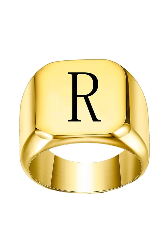 Stainless Steel Trendy Minimalist Square Alphabet Initial Signet Ring for Men Women Gold R Size 11
