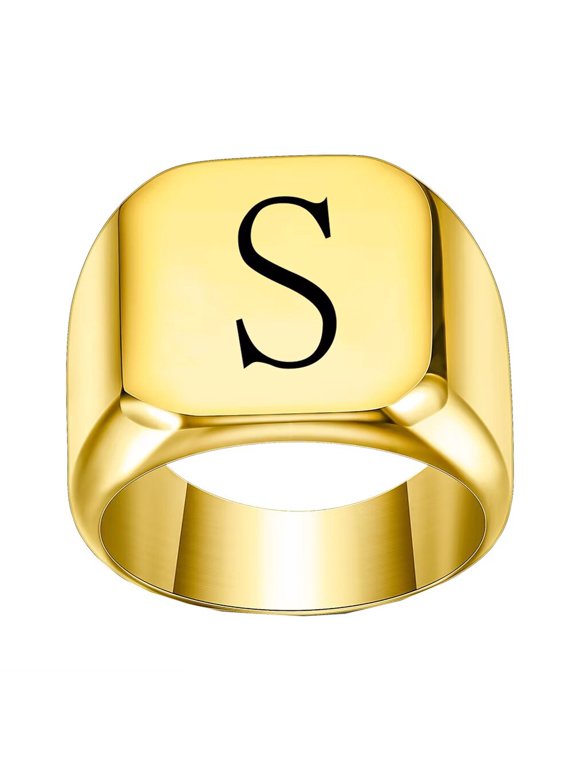 Stainless Steel Trendy Minimalist Square Alphabet Initial Signet Ring for Men Women Gold S Size 10