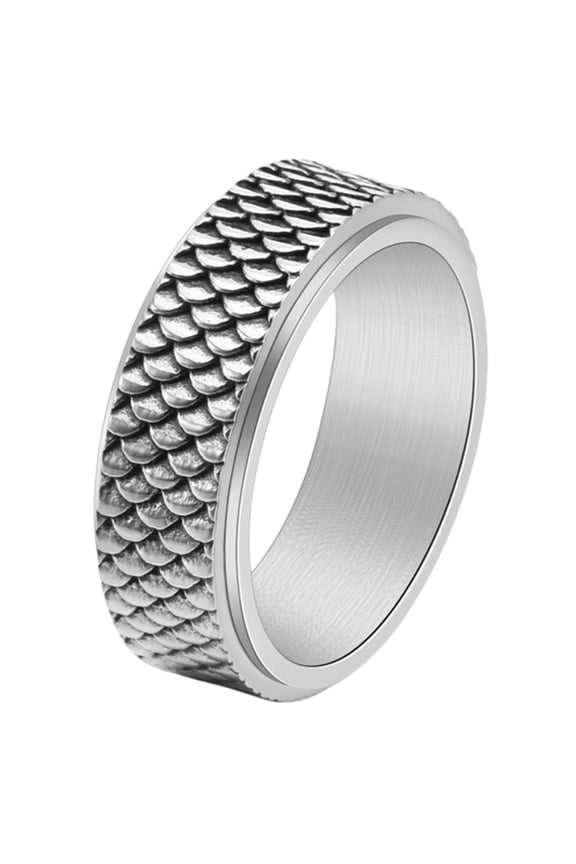 Stainless Steel Vintage Fish Scale Textured Spinner Rings for Men Classic Rotatable Wedding Promise Band for Anxiety Jewelry Gift Silver Size 9