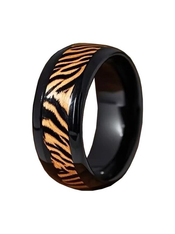 Tiger Stripe Rings for Women Men Black Stainless Steel Bold Fierce Animal Print Unique Design Jewelry Size 10