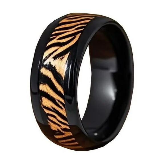 PAMTIER Tiger Stripe Rings for Women Men Black Stainless Steel Bold Fierce Animal Print Unique Design Jewelry Size 11