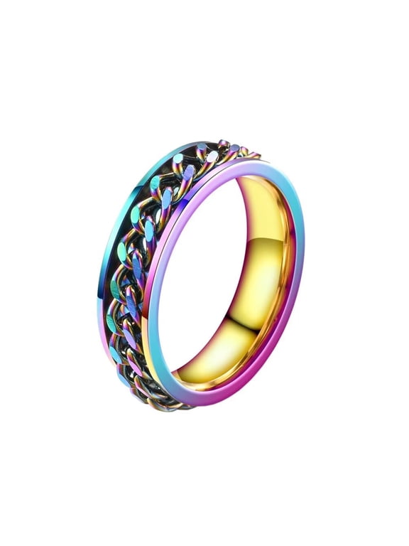 Unisex 6mm Stainless Steel Personality Simple Chain Rotatable Fidget Ring Relieve Anxiety Couple Wedding Band Rainbow Size 10