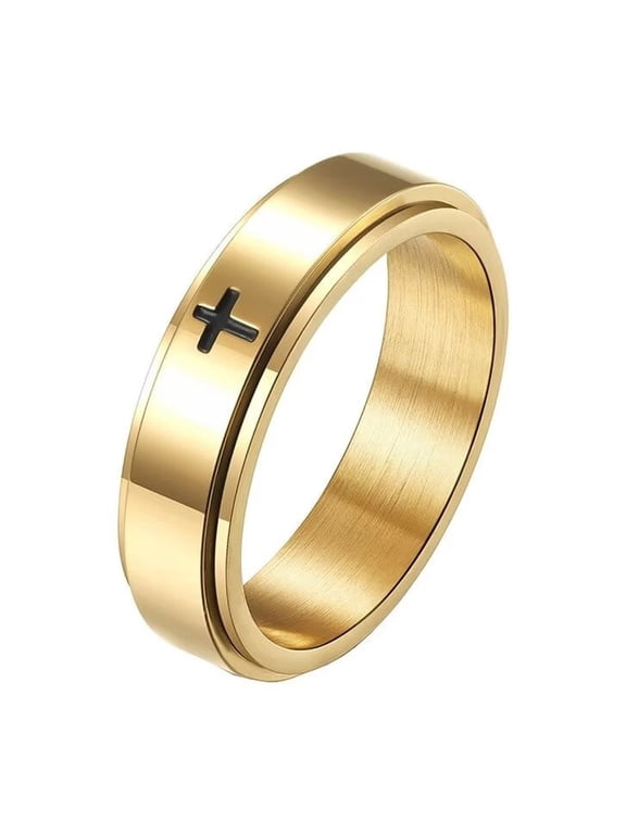 Unisex 6mm Stainless Steel Simple Christian Cross Religion Rotatable Lucky Biker Ring Anxiety Fidget Band Prayer Faith Gold Size 11