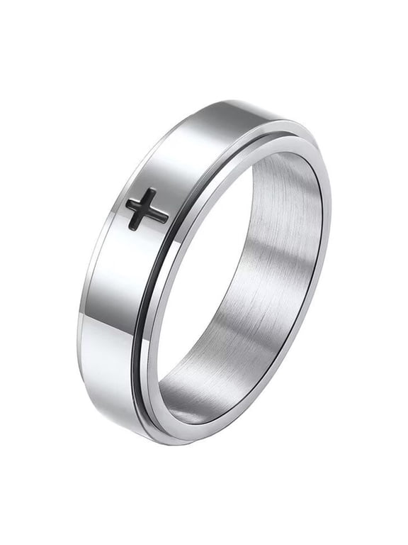 Unisex 6mm Stainless Steel Simple Christian Cross Religion Rotatable Lucky Biker Ring Anxiety Fidget Band Prayer Faith Silver Size 12