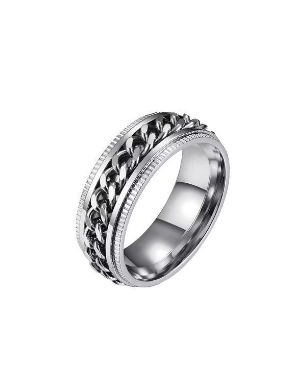 Unisex 8mm Stainless Steel Creative Cool Beer Bottle Opener Chain Rotatable Fidget Ring Biker Anxiety Band Grooved Edge Silver Size 11