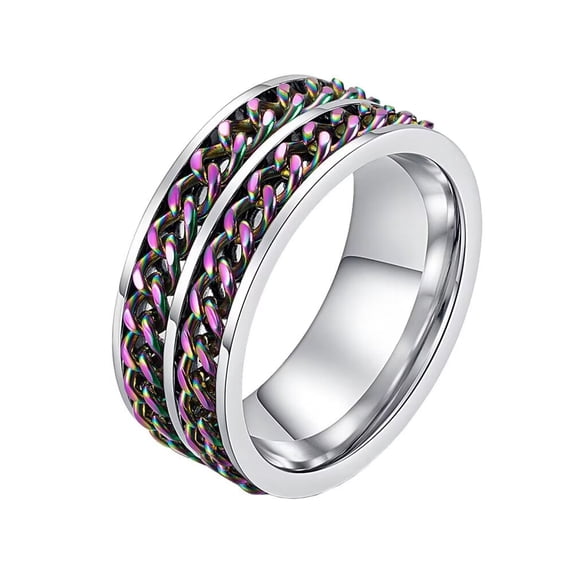 PAMTIER Unisex 8mm Stainless Steel Domineering Classic Cool 2 Rainbow Chain Rotatable Fidget Ring Biker Relieve Anxiety Wedding Band Size 9