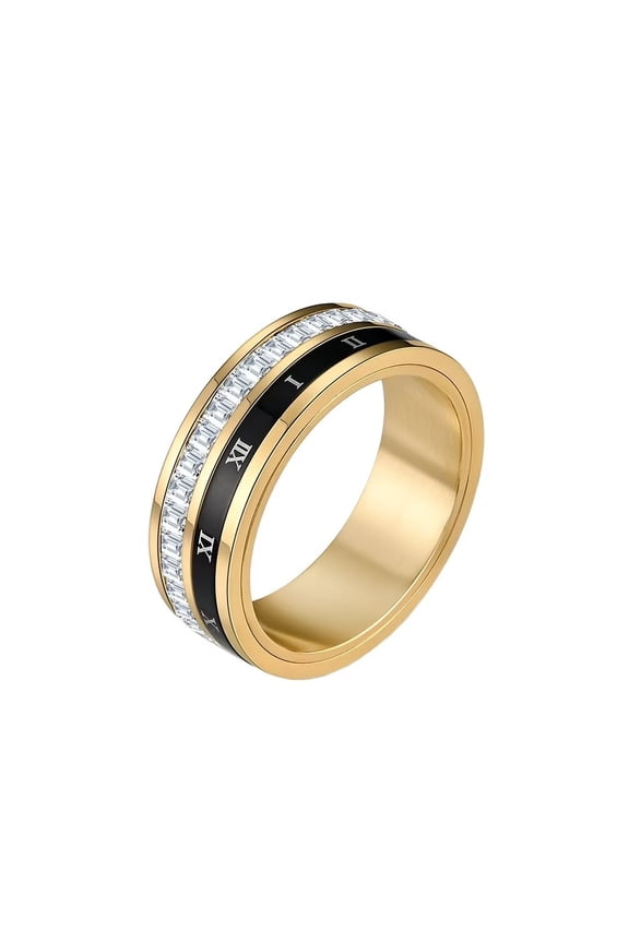 Unisex 8mm Stainless Steel Novelty Classic Roman Numerals with Crystal Zircon Rotatable Fidget Ring Anxiety Wedding Band Gold Size 8