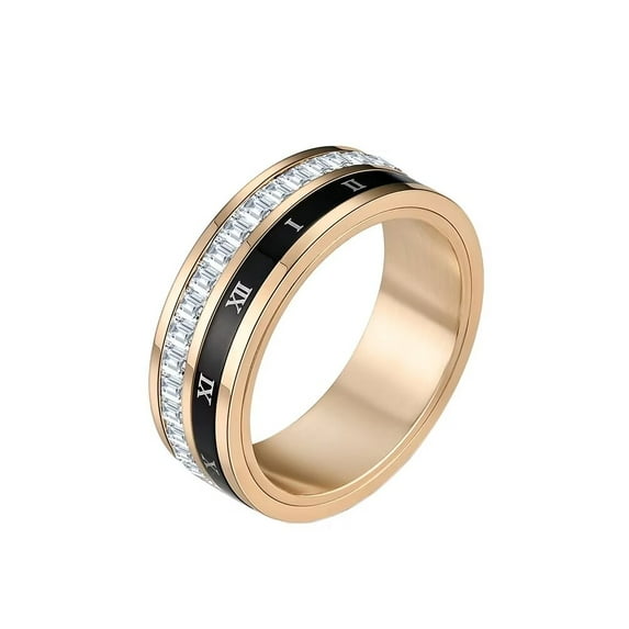 PAMTIER Unisex 8mm Stainless Steel Novelty Classic Roman Numerals with Crystal Zircon Rotatable Fidget Ring Anxiety Wedding Band Rose Gold Size 6