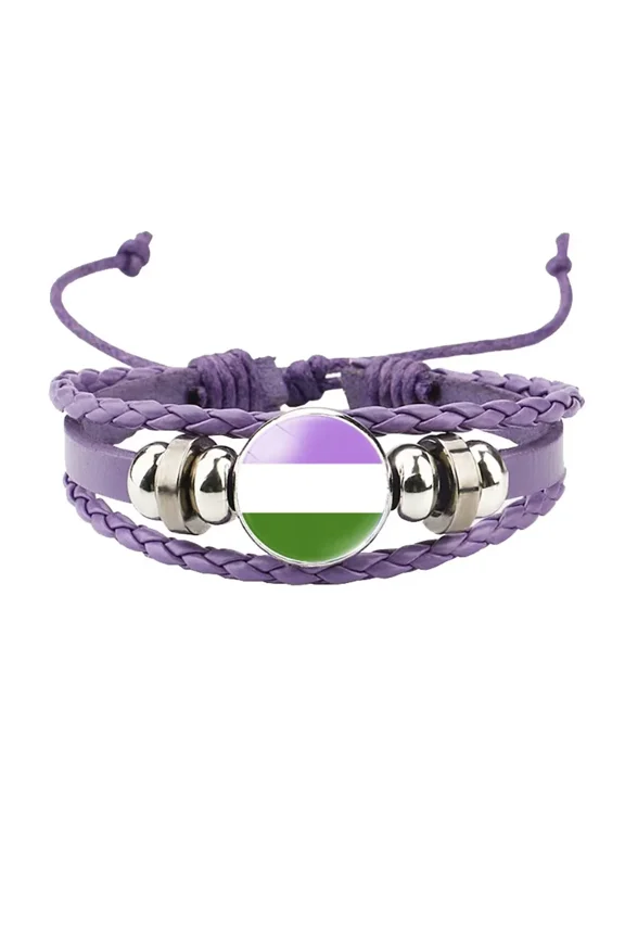 Unisex Alloy 18mm Cool Colorful Stripes Genderqueer Flag Handmade Braided Leather Weave Plaited LGBT Pride Adjustable Bracelet Purple