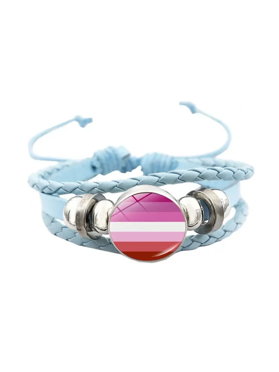 Unisex Alloy 18mm Cool Colorful Stripes Lipstick Lesbian Flag Handmade Braided Leather Weave Plaited LGBT Pride Adjustable Bracelet Blue