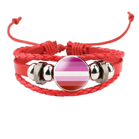 PAMTIER Unisex Alloy 18mm Cool Colorful Stripes Lipstick Lesbian Flag Handmade Braided Leather Weave Plaited LGBT Pride Adjustable Bracelet Red