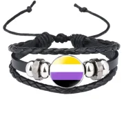 PAMTIER Unisex Alloy 18mm Cool Colorful Stripes Non-binary Flag Handmade Braided Leather Weave Plaited LGBT Pride Adjustable Bracelet Black