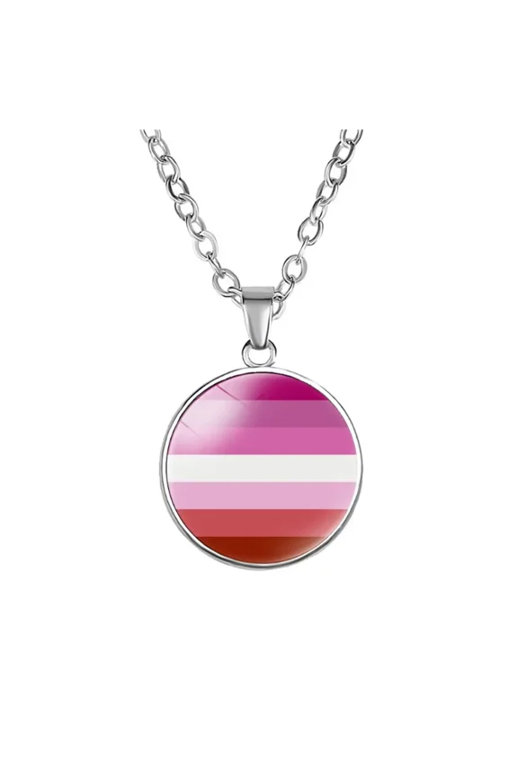 Unisex Alloy 18mm Simple Round Cool Colorful Stripes Lipstick Lesbian Flag LGBT Gay Pendant Necklace Equality Eternity Love Pride Jewelry