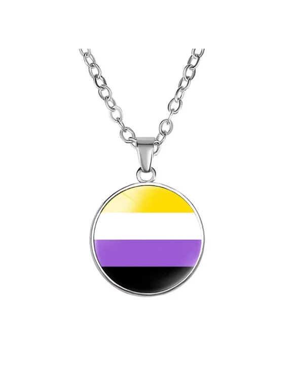 Unisex Alloy 18mm Simple Round Cool Colorful Stripes Non-binary Flag LGBT Gay Pendant Necklace Equality Eternity Love Pride Jewelry