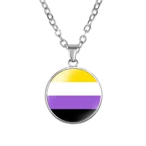 PAMTIER Unisex Alloy 18mm Simple Round Cool Colorful Stripes Non-binary Flag LGBT Gay Pendant Necklace Equality Eternity Love Pride Jewelry