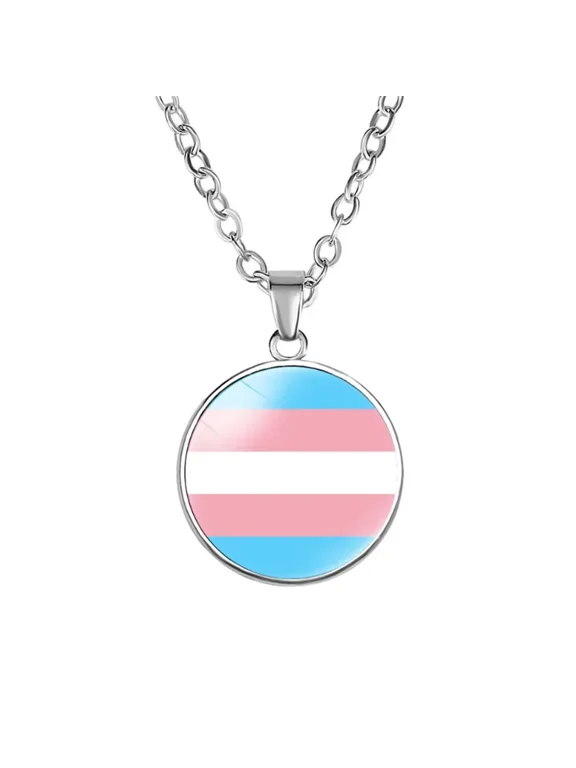Unisex Alloy 18mm Simple Round Cool Colorful Stripes Transgender Flag LGBT Gay Pendant Necklace Equality Eternity Love Pride Jewelry