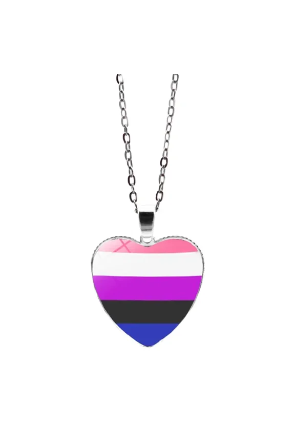 Unisex Alloy 25mm Simple Heart Shaped Cool Colorful Stripes Genderfluid Flag LGBT Gay Pride Pendant Necklace Equality Eternity Love