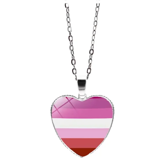 PAMTIER Unisex Alloy 25mm Simple Heart Shaped Cool Colorful Stripes Lipstick Lesbian Flag LGBT Gay Pride Pendant Necklace Equality Eternity Love