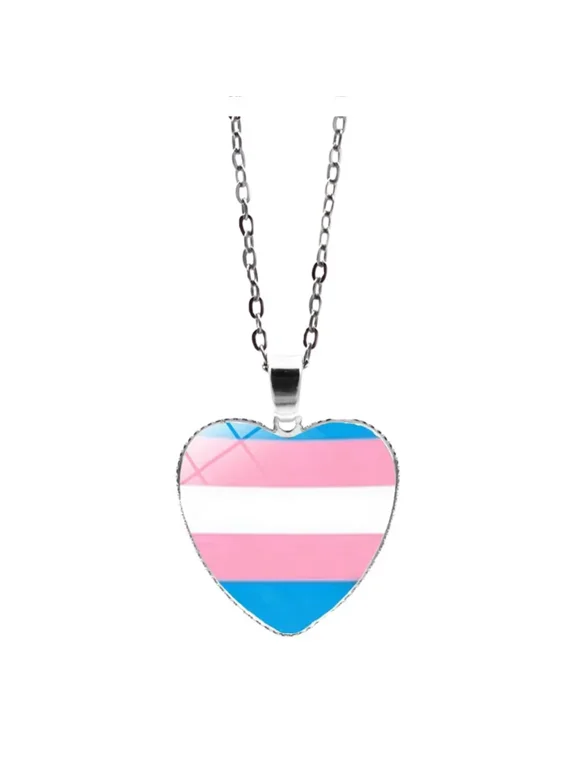 Unisex Alloy 25mm Simple Heart Shaped Cool Colorful Stripes Transgender Flag LGBT Gay Pride Pendant Necklace Equality Eternity Love