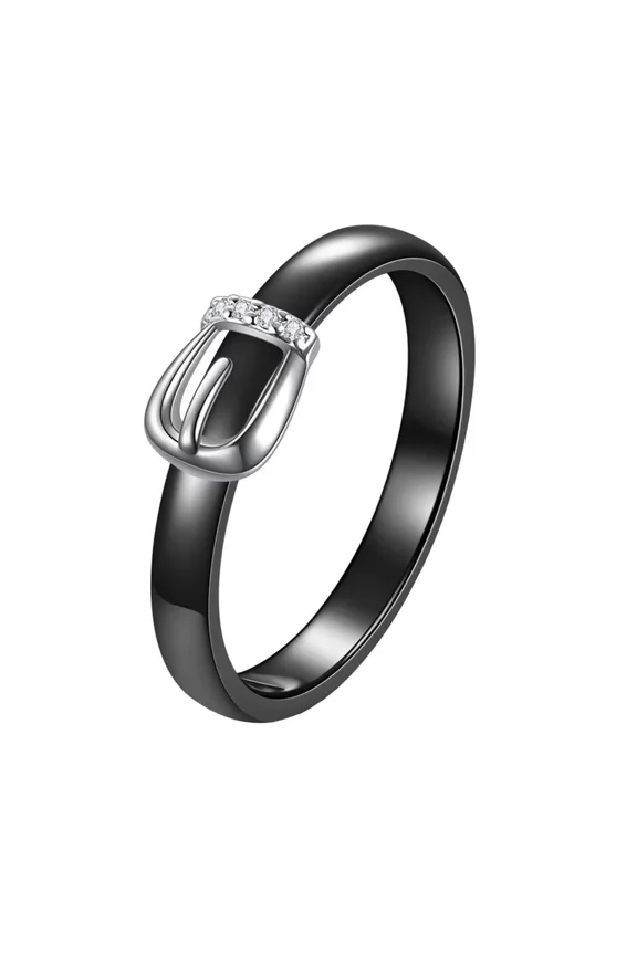 Unisex Ceramic 4MM Personality Creative Belt Buckle Shaped Delicate Crystal Inlay Couple Ring Matching Set Wedding Band Black Size 7