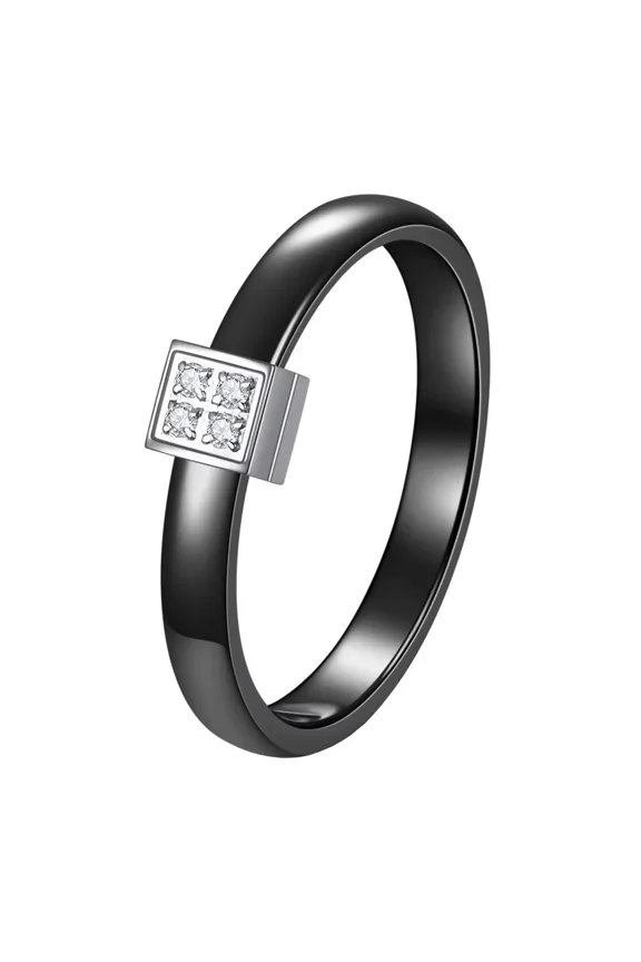 Unisex Ceramic 4MM Thin Simple Elegant Versatile Square Cut Micro-Pave Zircon Inlay Stacking Ring Wedding Band Black Size 10