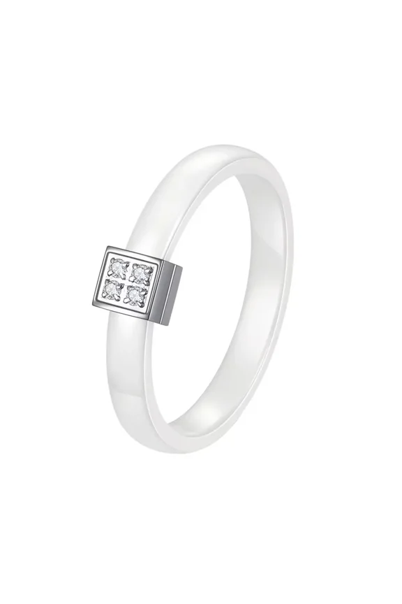 Unisex Ceramic 4MM Thin Simple Elegant Versatile Square Cut Micro-Pave Zircon Inlay Stacking Ring Wedding Band White Size 7
