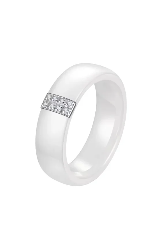 Unisex Ceramic 6MM Simple Rectangle Cut Crystal Micro-Pave Zircon Inlay Plain Ring Wedding Band White Size 7