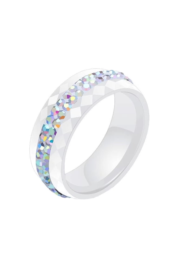 Unisex Ceramic 8mm Personality Simple Multi-Faceted Rhombic Cut 2 Lines Rows Rainbow Crystal Zircon Inlay Ring Wedding Band White Size 10
