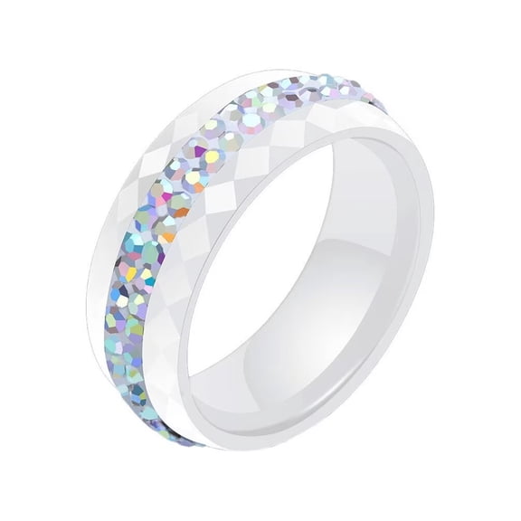 PAMTIER Unisex Ceramic 8mm Personality Simple Multi-Faceted Rhombic Cut 2 Lines Rows Rainbow Crystal Zircon Inlay Ring Wedding Band White Size 7
