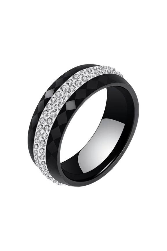 Unisex Ceramic 8mm Personality Simple Multi-Faceted Rhombic Cut 2 Lines Rows White Crystal Zircon Inlay Ring Wedding Band Black Size 8