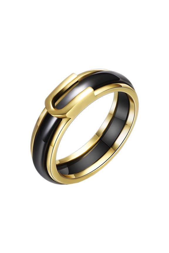 Unisex Ceramic Creative Unique Smooth U-Shaped Belt Buckle Copper Edge White Black Ceramic Ring Couple Wedding Band Black Size 10