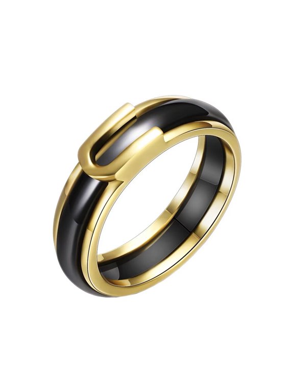 Unisex Ceramic Creative Unique Smooth U-Shaped Belt Buckle Copper Edge White Black Ceramic Ring Couple Wedding Band Black Size 9