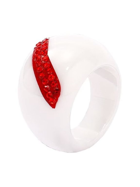 Unisex Ceramic Personality Simple 13mm Domed Chunky Single Row 2 Lines Red Cubic Zirconia Inlay Ring Couple Wedding Band White Size 7