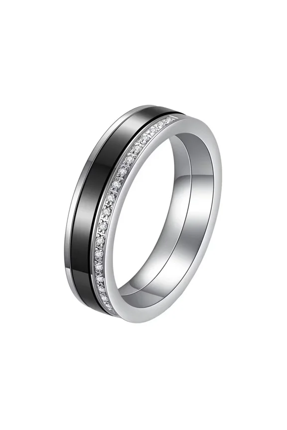 Unisex Ceramic Stainless Steel 5.5MM Single Row Rhinestones Crystal Inlay Ring Matching Set Wedding Band Black Size 9