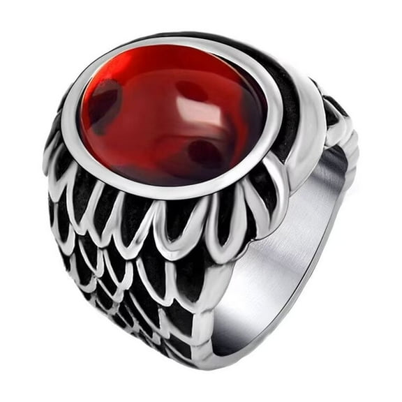 PAMTIER Unisex Classic Vintage Angel Wing Feather Stainless Steel Hollowed Antique Oval Gemstone Ring Gothic Punk Biker Red Size 12
