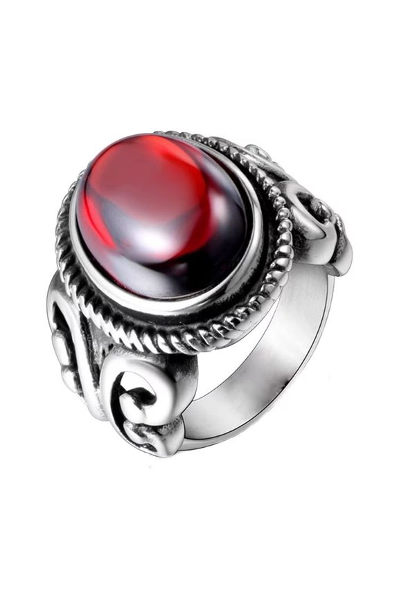 Unisex Classic Vintage Stainless Steel Flower Pattern Hollowed Antique Oval Gemstone Ring Statement Wedding Band Red Size 7