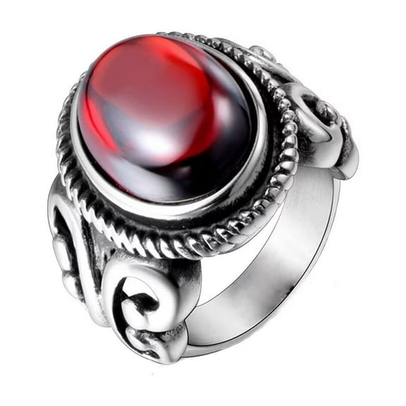 PAMTIER Unisex Classic Vintage Stainless Steel Flower Pattern Hollowed Antique Oval Gemstone Ring Statement Wedding Band Red Size 8