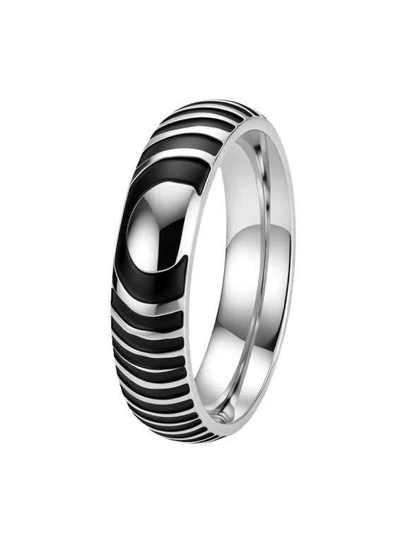 Unisex Curved Striped Black Enamel Inlay Polished Stainless Steel Ring 6mm Minimalist Stackable Statement Band Size 9