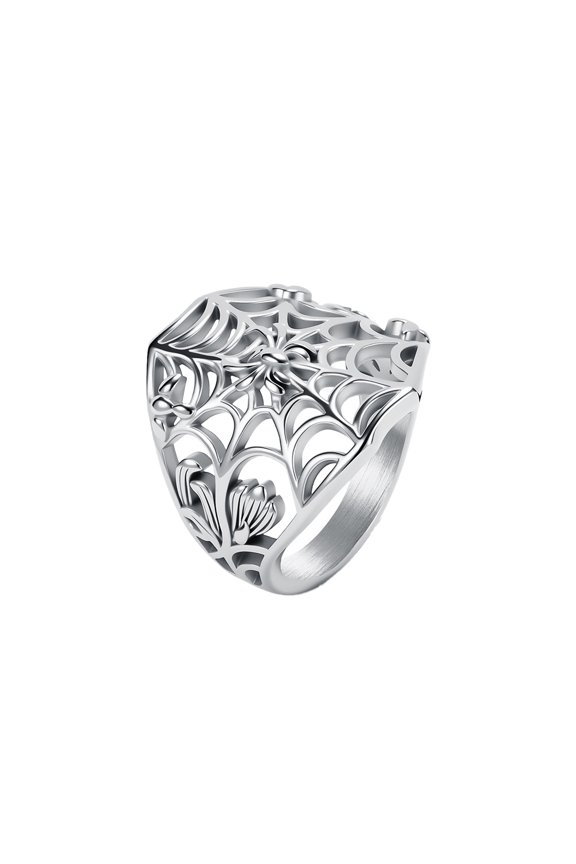 Unisex Gothic Spider Web Cutout Ring Filigree Wide Band Dark Aesthetic Punk Stainless Steel Signet Spooky Halloween Accessory Plated Silver Size 9