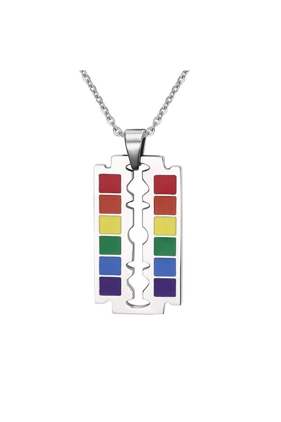 Unisex Hip Hop Stainless Steel Gothic Rainbow Double Edge Blades Dog Tag Biker Necklace Punk Razor Blade Style Wedding Bands with Chain