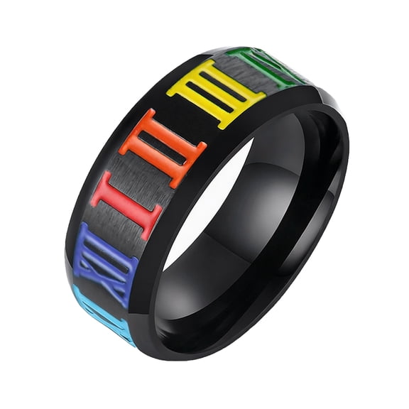 PAMTIER Unisex Matte Black Stainless Steel Pride Ring, Rainbow Enamel Inlaid Full Wrap Roman Numeral Band Stackable Statement Jewelry for Pride Month Festival & Daily Street Outfit Size 8