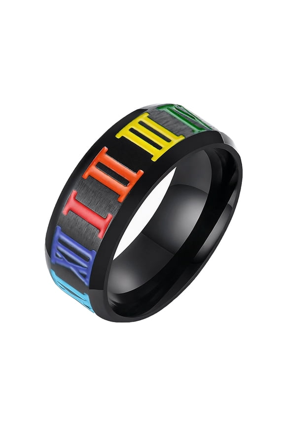Unisex Matte Black Stainless Steel Pride Ring, Rainbow Enamel Inlaid Full Wrap Roman Numeral Band Stackable Statement Jewelry for Pride Month Festival & Daily Street Outfit Size 9