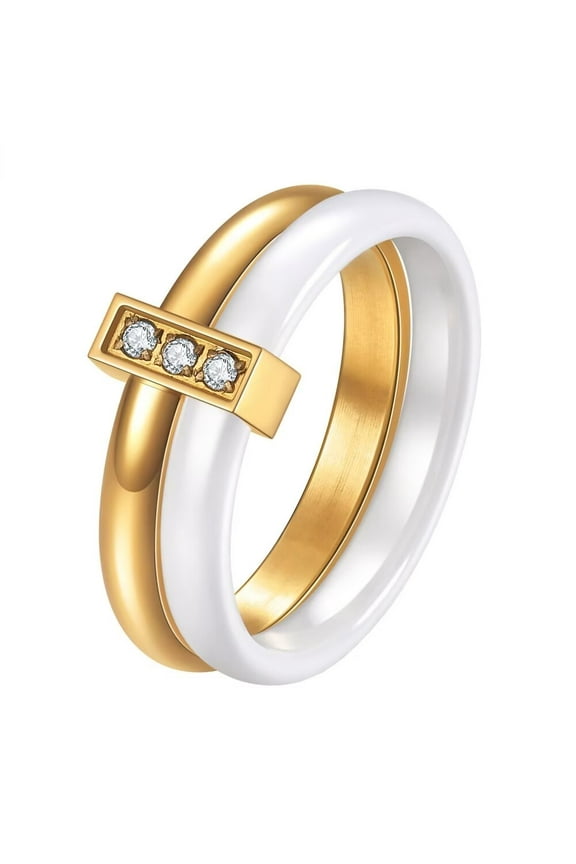Unisex Personality Creative Hip Hop White Ceramic with Gold Stainless Steel Cubic Zirconia Inlay 2 in 1 Ring Couple Trinity Wedding Band Size 6