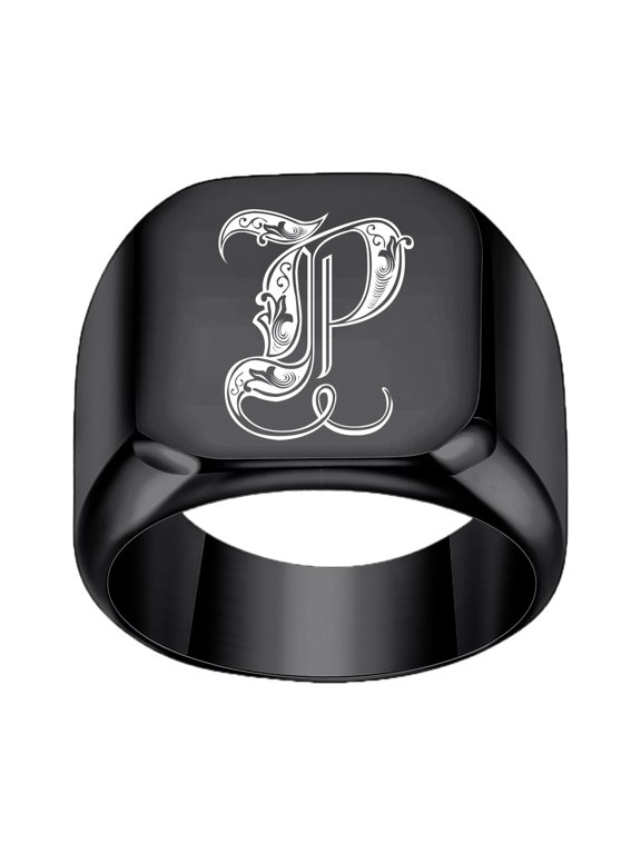 Unisex Personalized Initial Signet Ring Engraved Ornate Gothic Letter Band Chunky Stainless Steel Monogram Black P Size 10