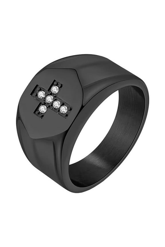 Unisex Stainless Steel 12mm Hip Hop Irregular Rhinestone Inlay Iced Out Cross Signet Amulet Crucifix Ring Black Size 12