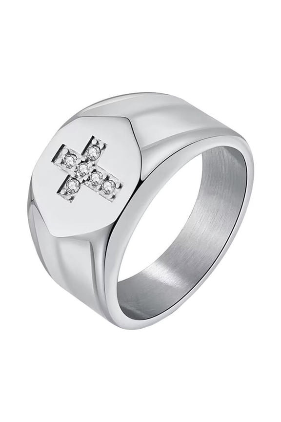 Unisex Stainless Steel 12mm Hip Hop Irregular Rhinestone Inlay Iced Out Cross Signet Amulet Crucifix Ring Silver Size 10