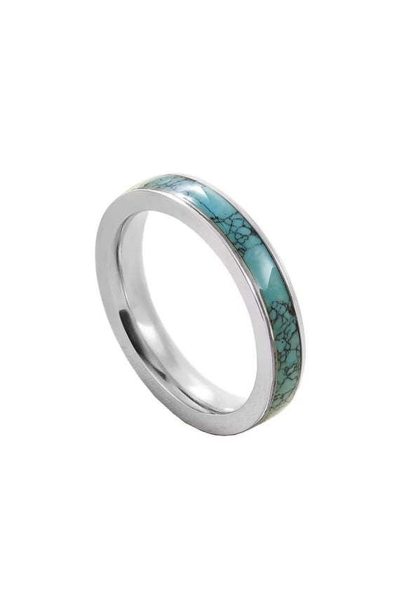 Unisex Stainless Steel 4mm Simple Creative Synthetic Turquoise Green Gemstone Inlay Stackable Ring Eternity Wedding Band Silver Size 10